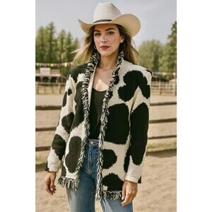 Vintage Wrapper 100% Cotton Knit Cardigan Western Boho Cow Print Made USA One SZ